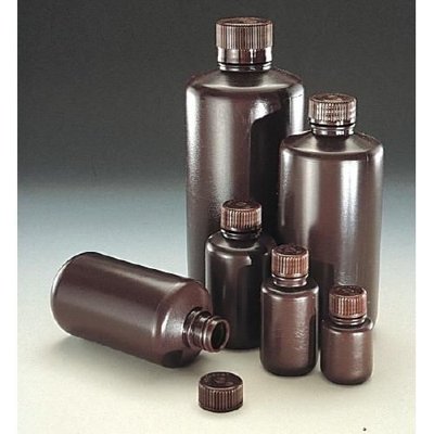 Amber Narrow Mouth Plastic Laboratory Grade Bottles with Closures, High Density Polyethylene (HDPE)