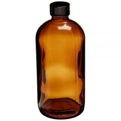 Amber Boston Round Glass Bottles with Assembled Black PE Cone Lined Phenolic Closures, Class 1