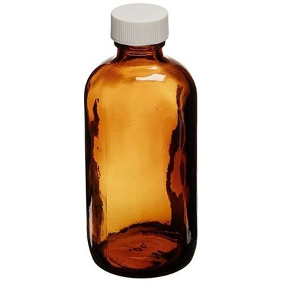 Amber Boston Round Glass Bottles with Assembled White Unlined Polypropylene Closures, Class 1